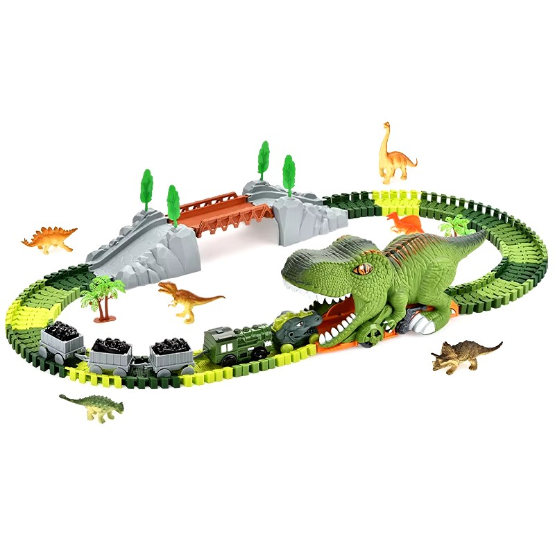 121 Pieces Dinosaur DIY Track Race Toy 360 Loop Slide Track Freewheel Diecast Car Double Sliding