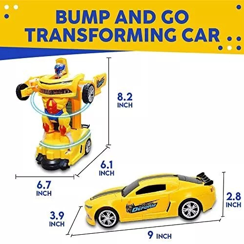 Yellow Robot Car for Kids Deform Car 2-in-1 Toy with Bump & Go Action, 3D Lights, Music