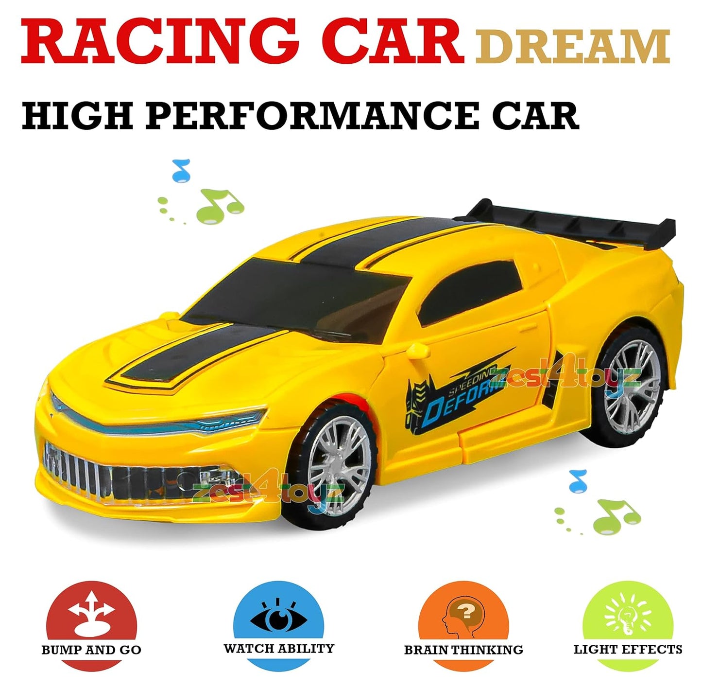 Yellow Robot Car for Kids Deform Car 2-in-1 Toy with Bump & Go Action, 3D Lights, Music