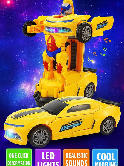 Yellow Robot Car for Kids Deform Car 2-in-1 Toy with Bump & Go Action, 3D Lights, Music