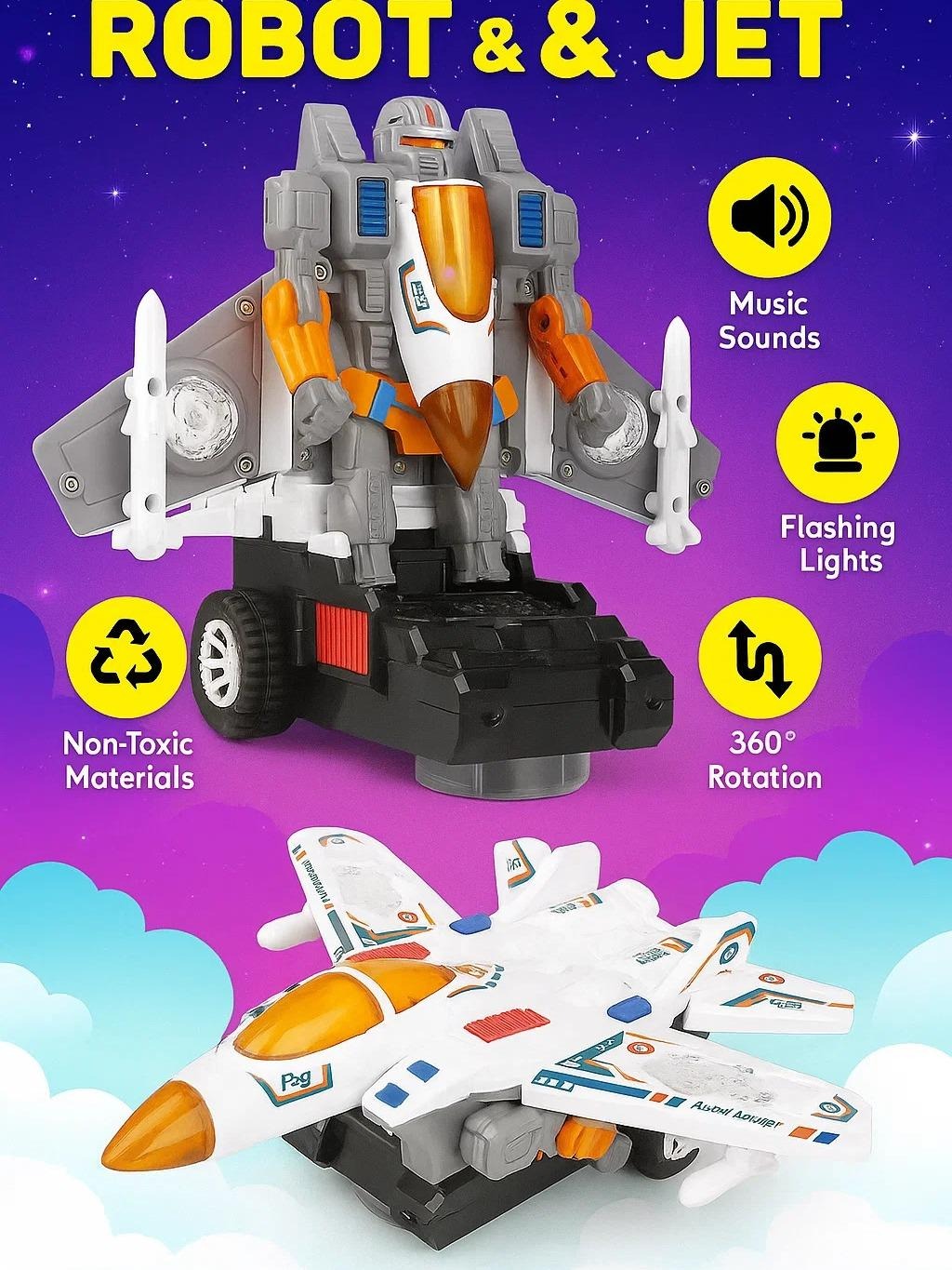 Jet Aircraft & Robot Toy, with 3D Light & Sound, 2 in 1 Deformation Bump & Go Transforming Airplane