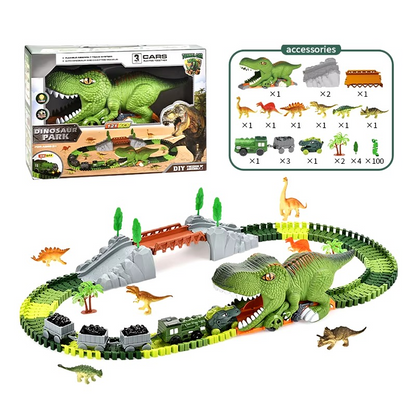 121 Pieces Dinosaur DIY Track Race Toy 360 Loop Slide Track Freewheel Diecast Car Double Sliding