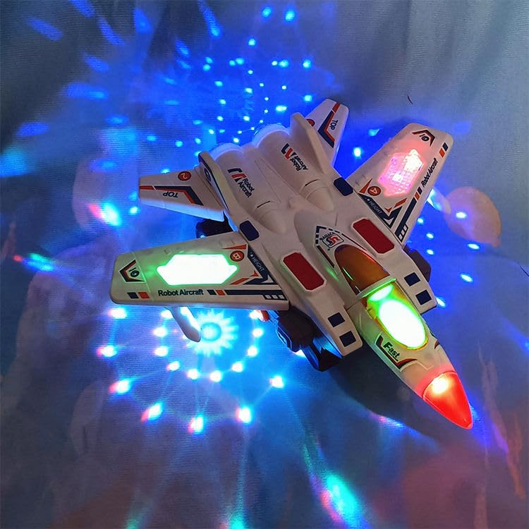 Jet Aircraft & Robot Toy, with 3D Light & Sound, 2 in 1 Deformation Bump & Go Transforming Airplane