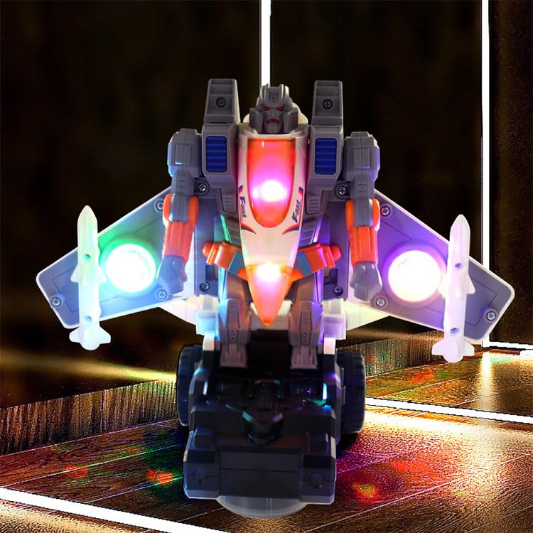 Jet Aircraft & Robot Toy, with 3D Light & Sound, 2 in 1 Deformation Bump & Go Transforming Airplane